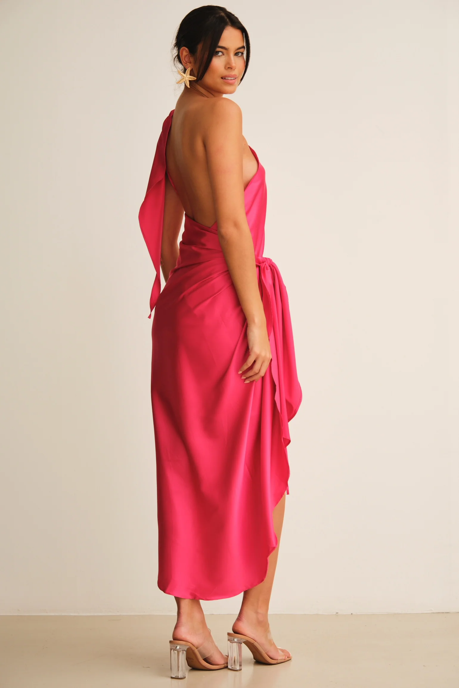Carla One Shoulder Midi  Dress Fuchsia - Mc Mu