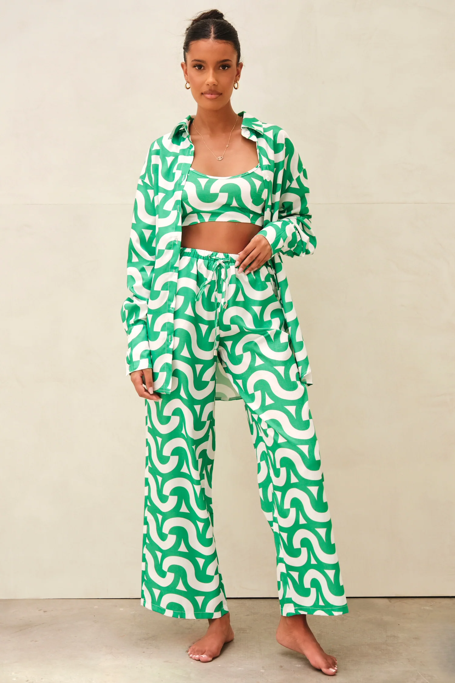 Hollie Geometric Shirt Green & White - Mc Mu