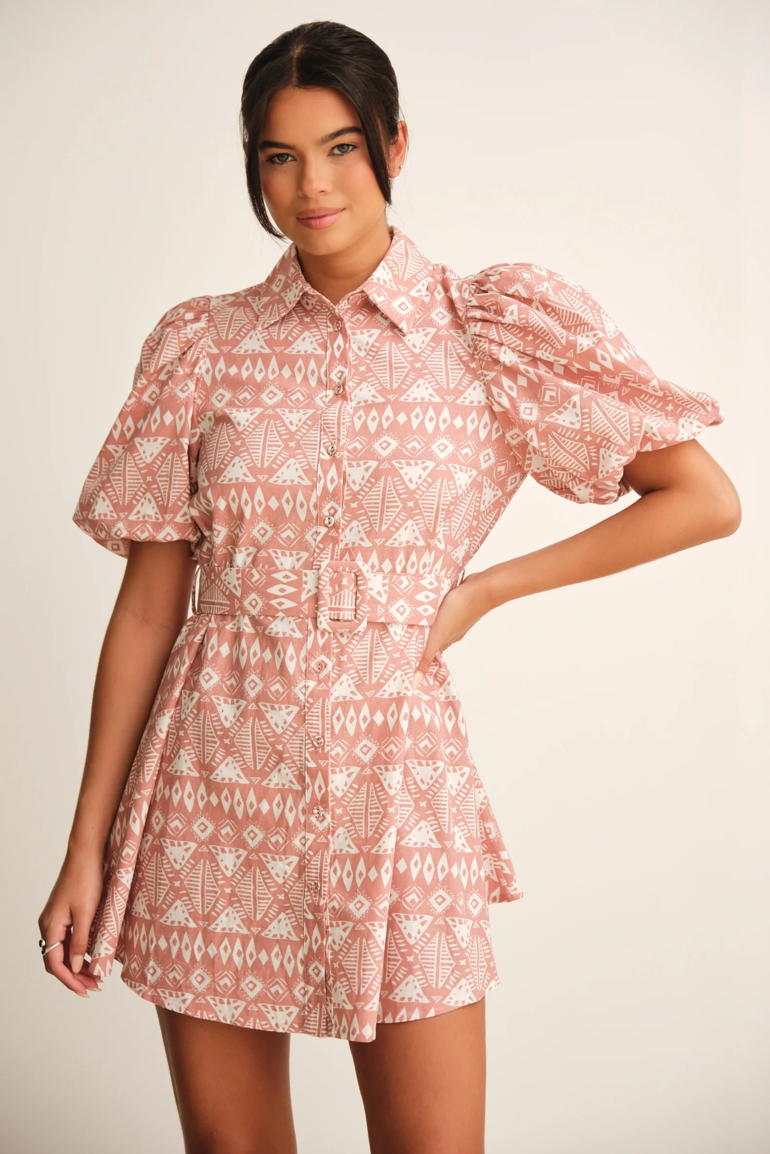 SHAUNA PUFF SLEEVE MINI DRESS ROSE - Mc Mu