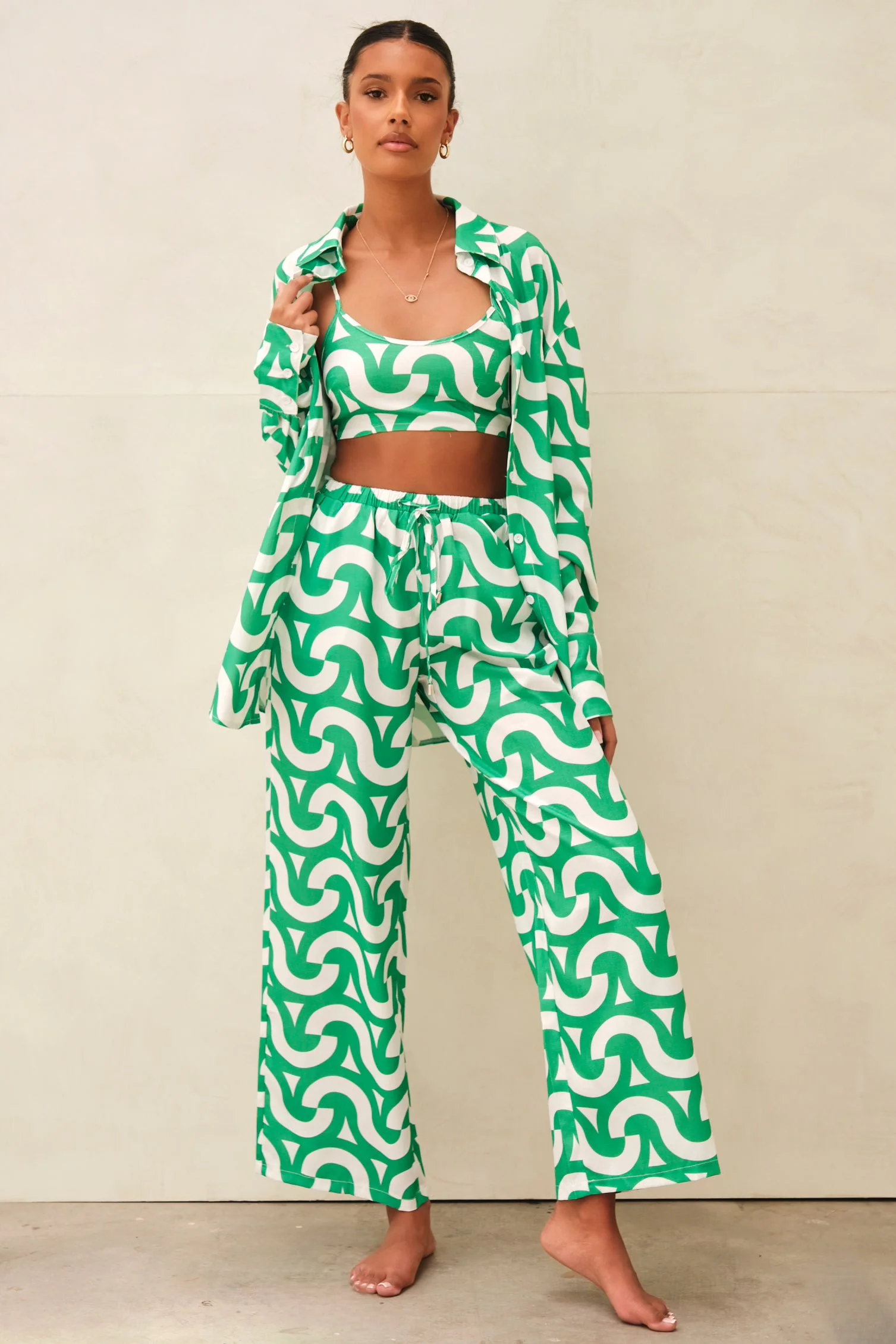 Hollie Geometric Crop Top Green & White - Mc Mu