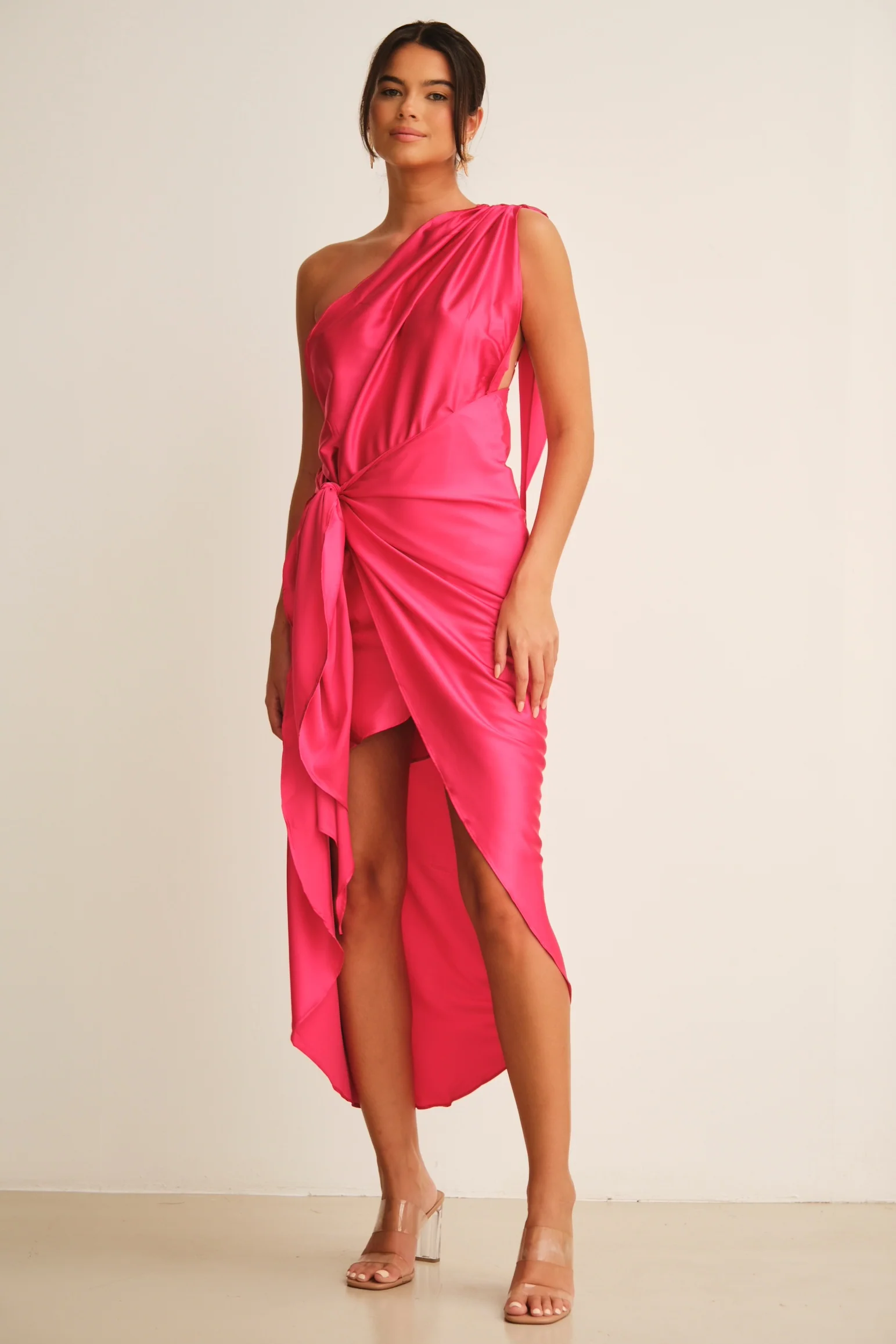 Carla One Shoulder Midi  Dress Fuchsia - Mc Mu