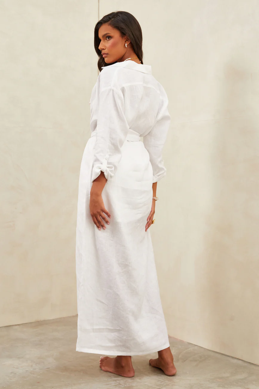 Aura Linen Maxi Dress White - Mc Mu