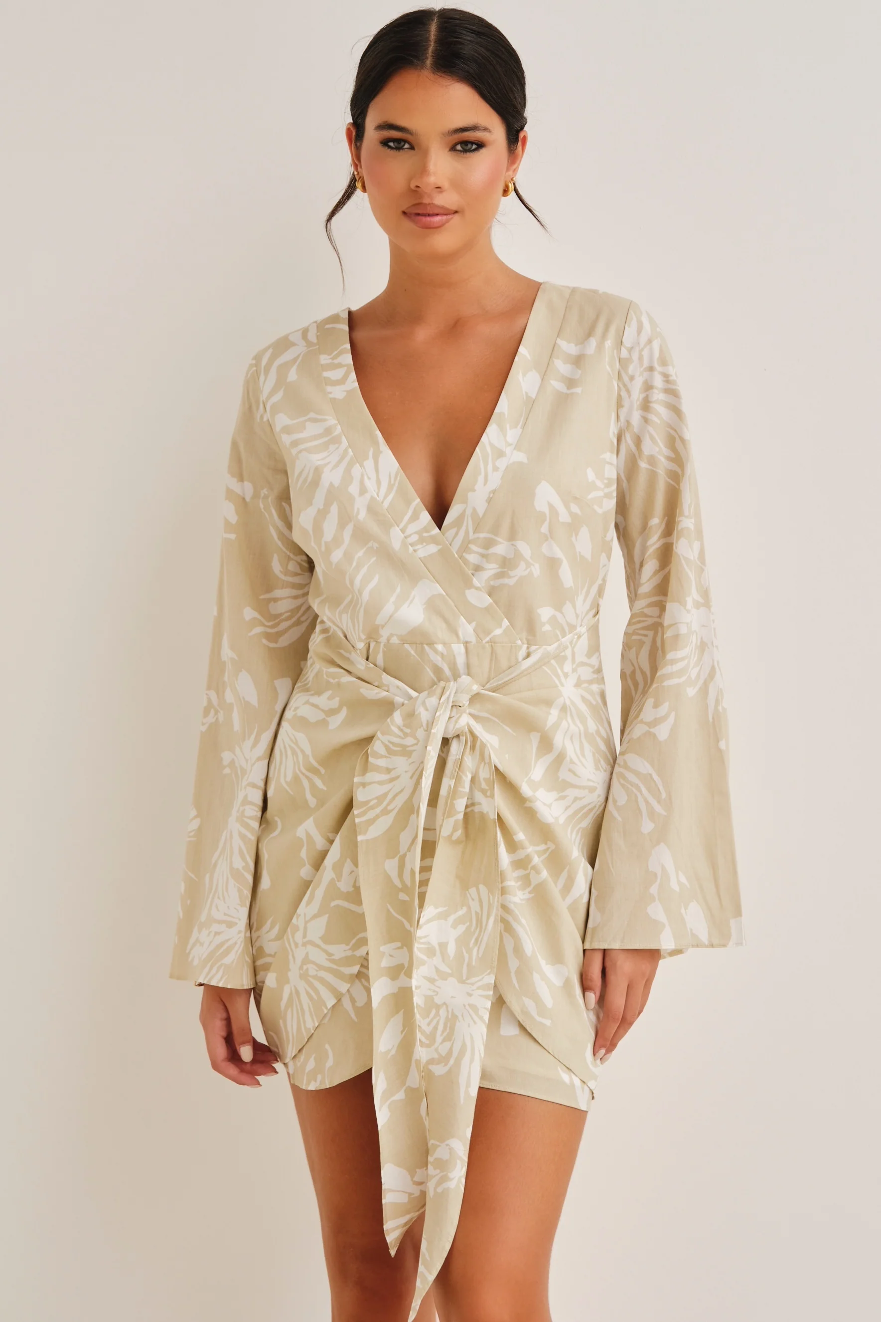 Tanya Tie Front Mini Dress Beige & White - Mc Mu