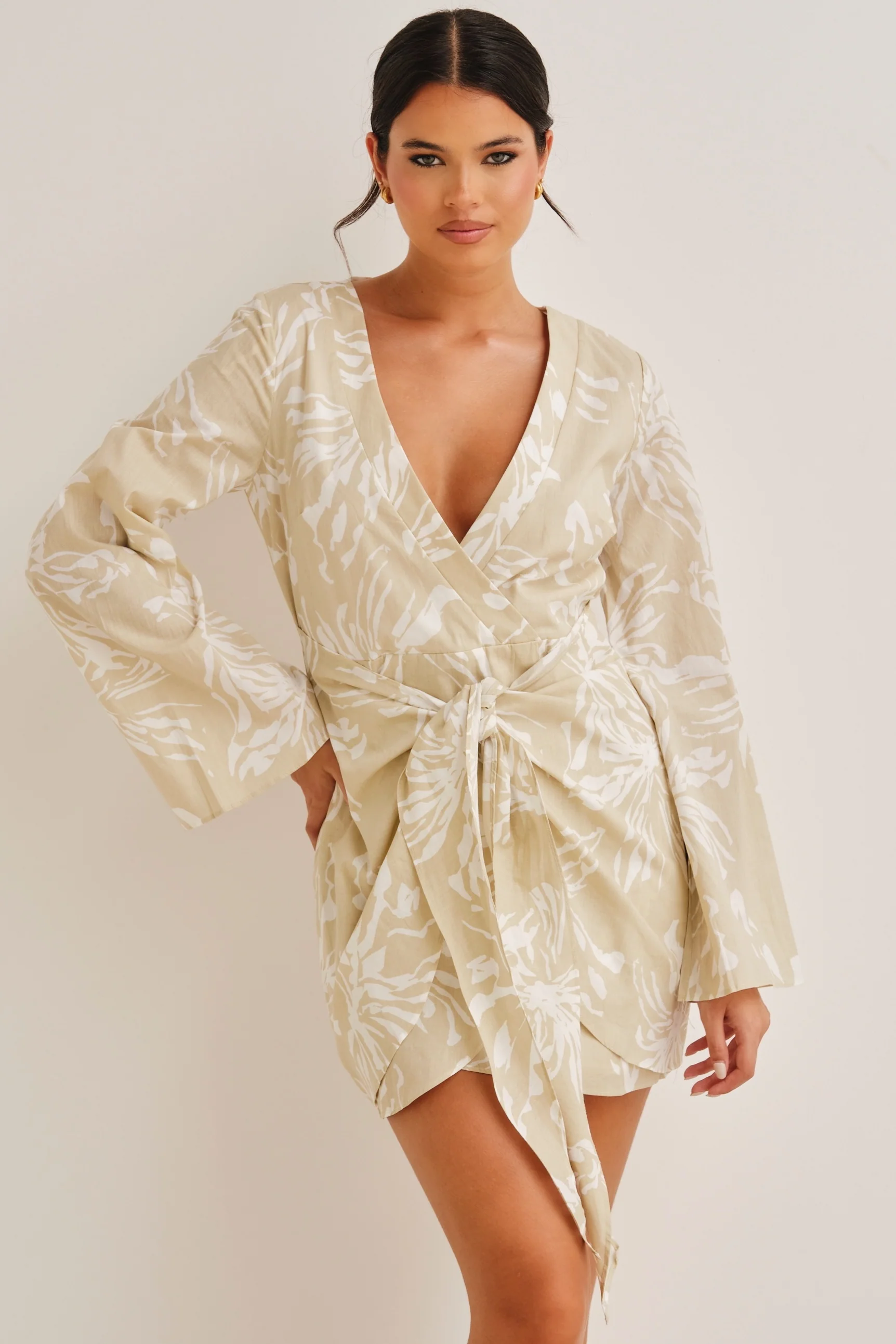 Tanya Tie Front Mini Dress Beige & White - Mc Mu