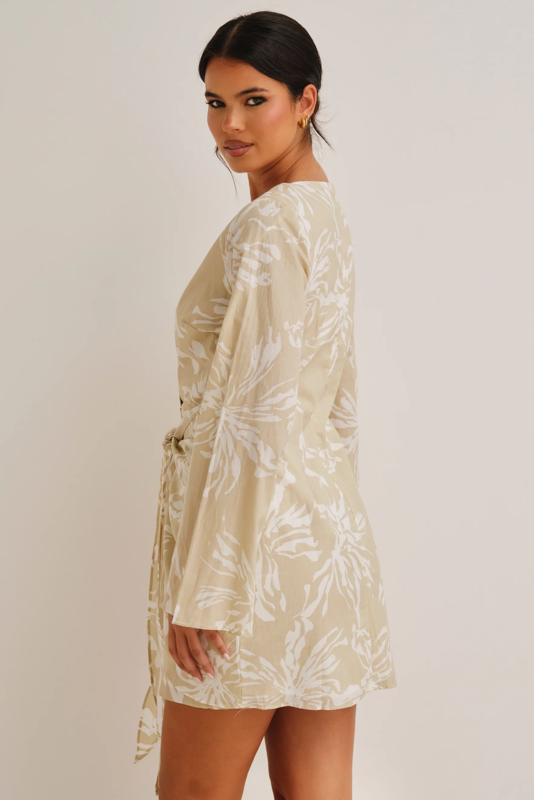 Tanya Tie Front Mini Dress Beige & White - Mc Mu