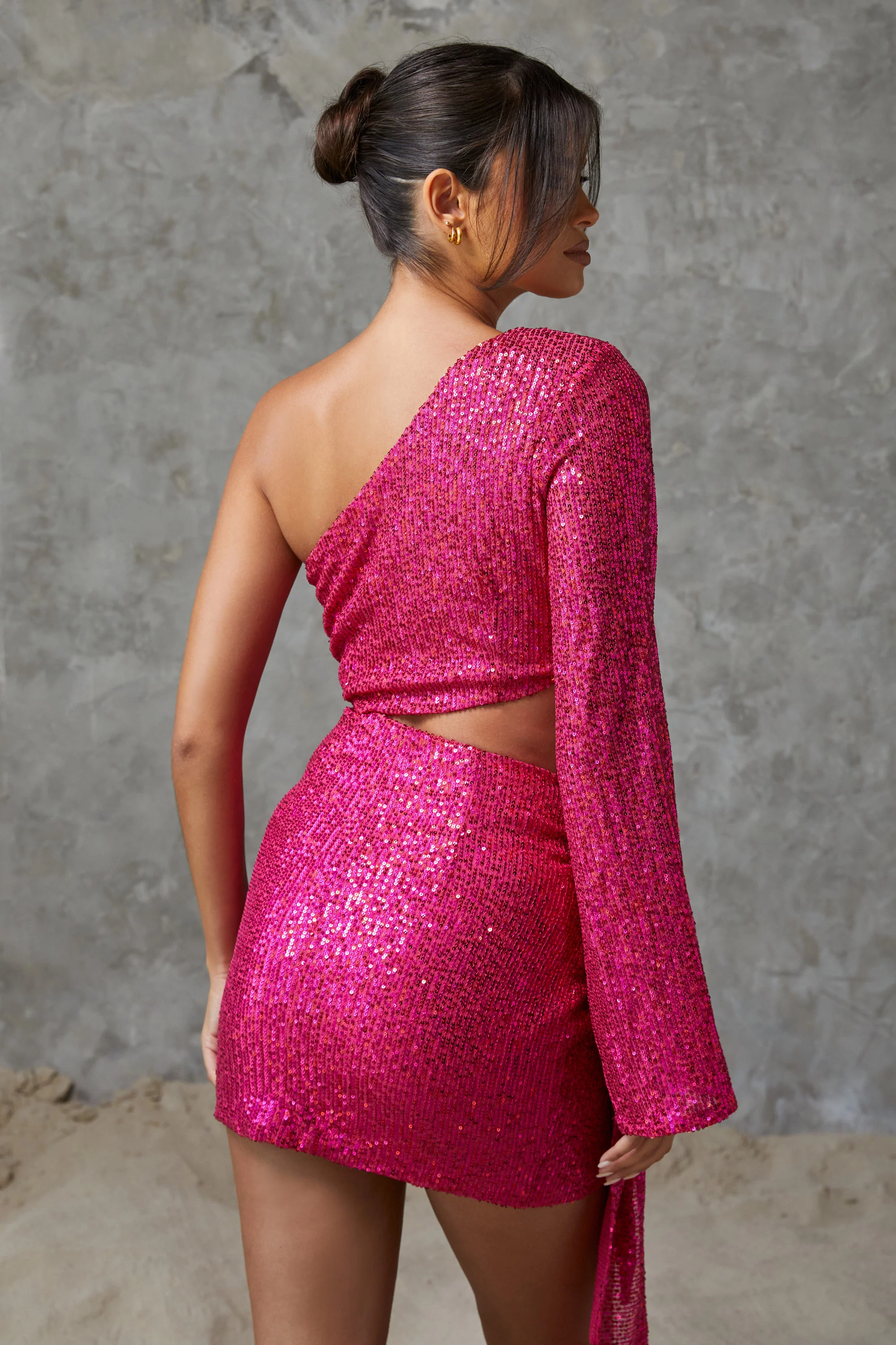 Lydia Sequin One Shoulder Tie Dress Fuchsia - Mc Mu