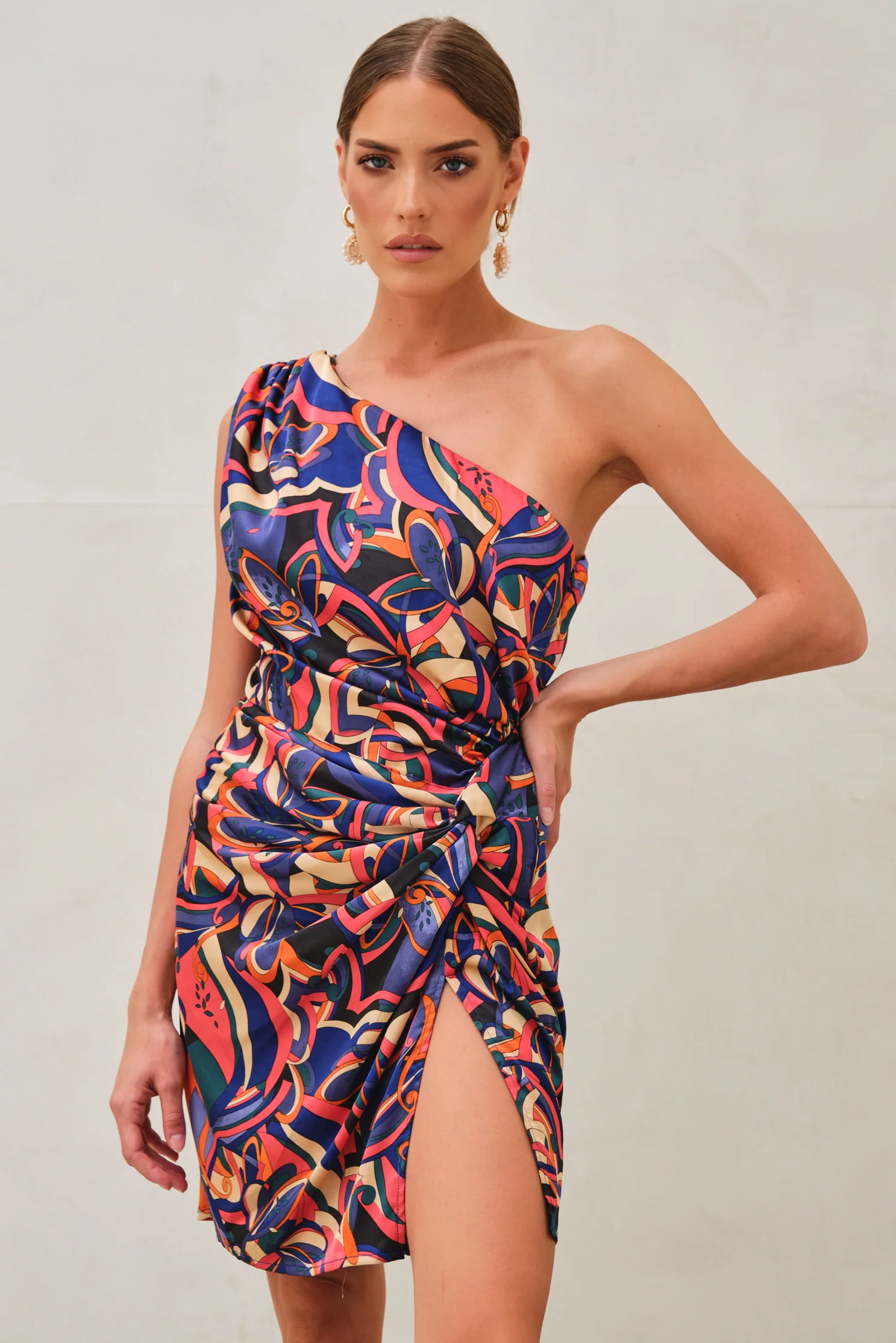 Retro Slit One Shoulder Mini Dress Navy - Mc Mu