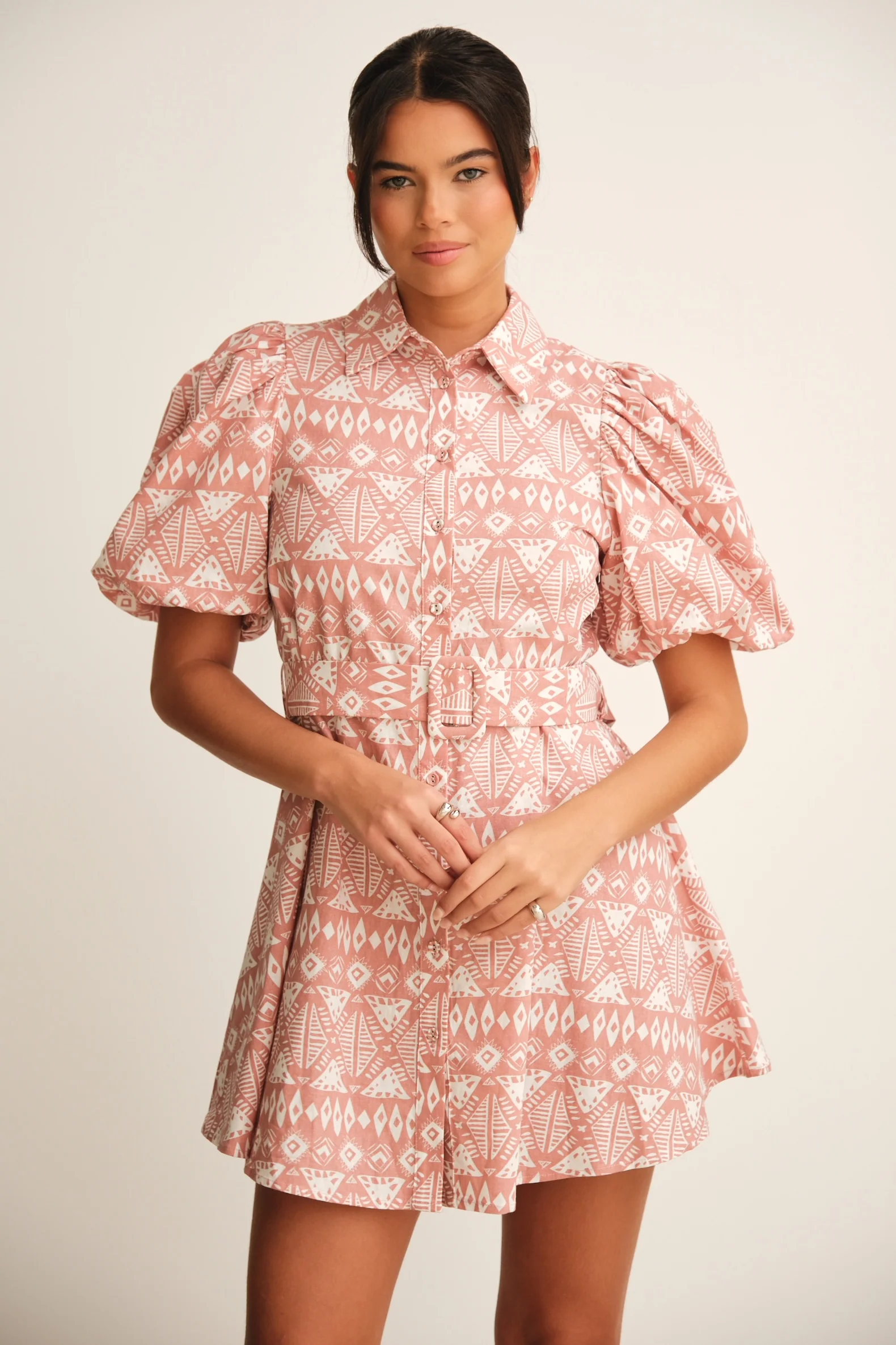 SHAUNA PUFF SLEEVE MINI DRESS ROSE - Mc Mu