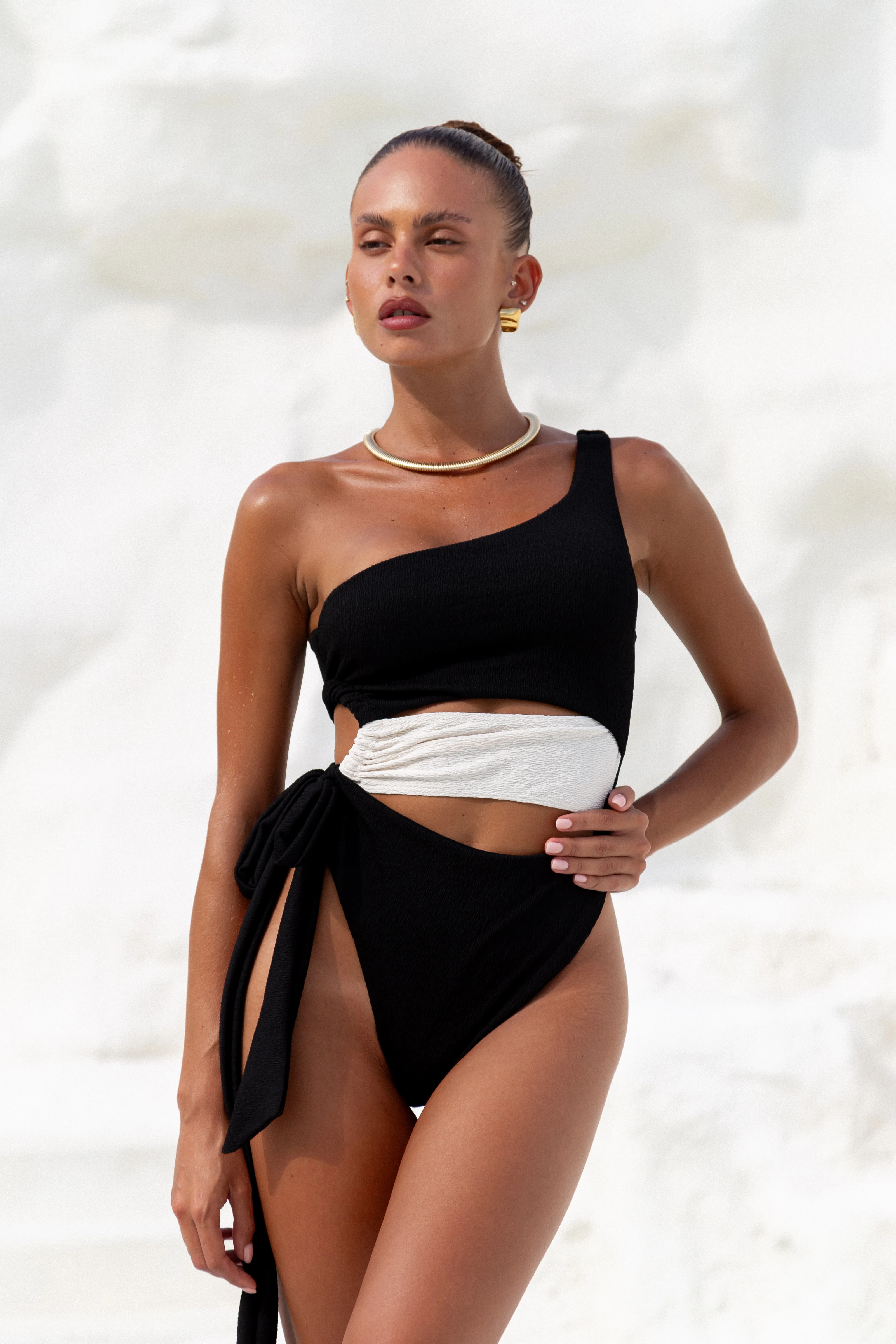 Monaco One Shoulder Two Tone Swimsuit Black/Cream - Mc Mu