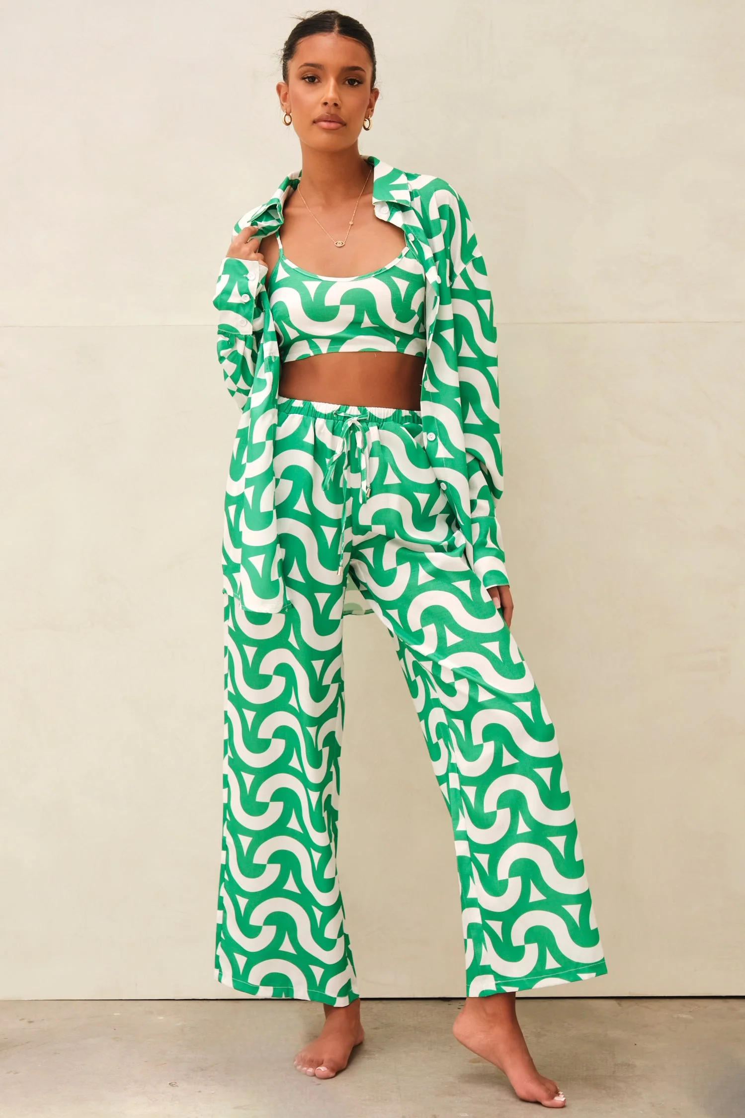 Hollie Geometric Crop Top Green & White - Mc Mu