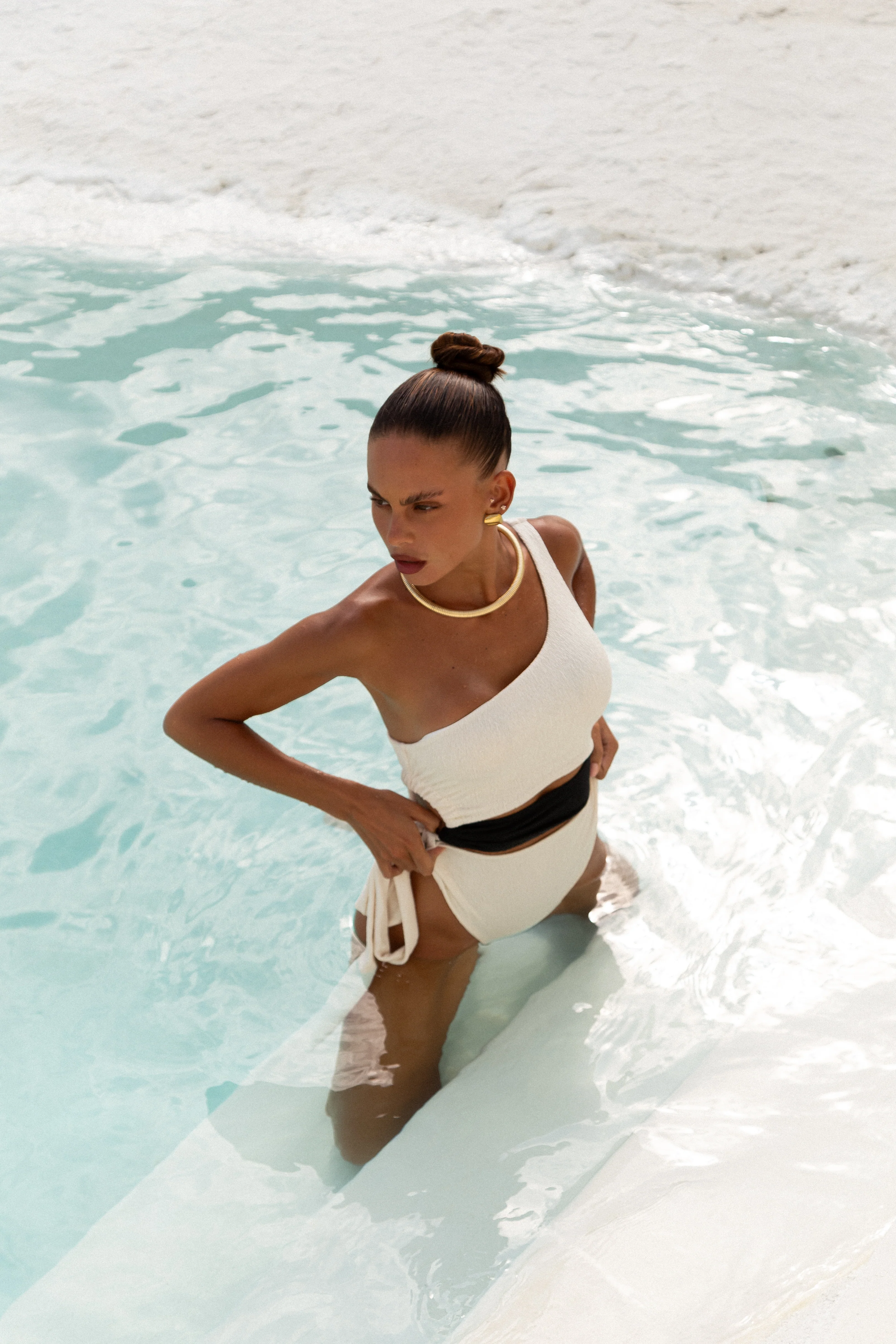 Monaco One Shoulder Two Tone Swimsuit Cream/Black - Mc Mu