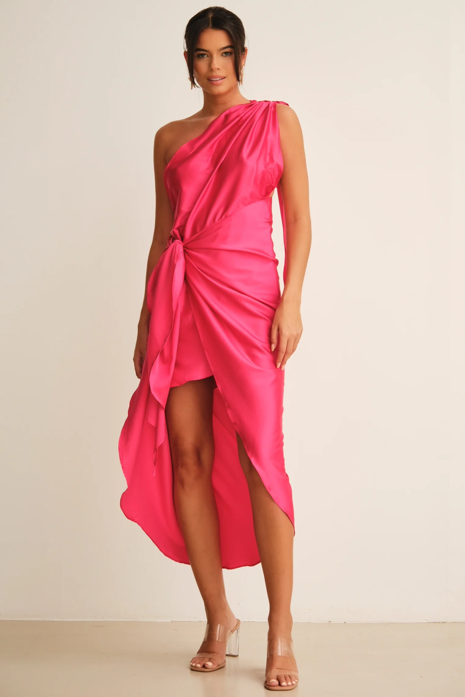Carla One Shoulder Midi  Dress Fuchsia - Mc Mu