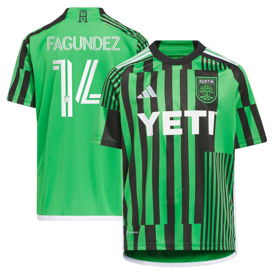 Youth Austin FC Diego Fagundez adidas Green 2023 Las Voces Kit Replica Jersey - Mc Mu