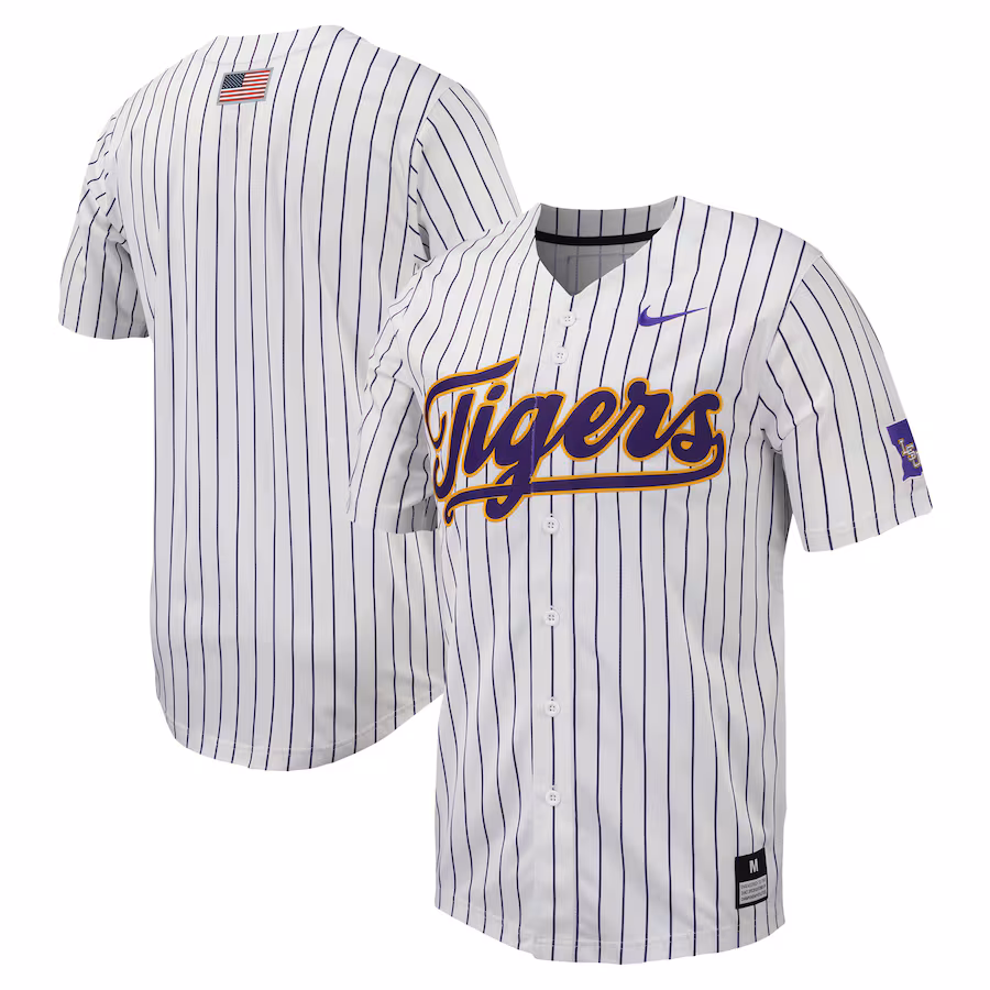 LSU Tigers Nike Pinstripe Replica Full-Button Baseball Jersey - White/Purple - Mc Mu
