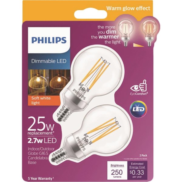 Philips Warm Glow 25W Equivalent Soft White G16.5 Candelabra Frosted Dimmable LED Decorative Light Bulb (2-Pack) - Mc Mu
