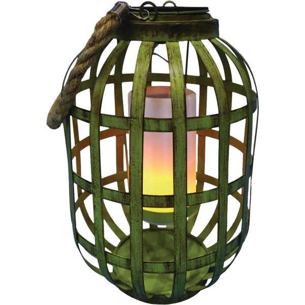 Alpine 7 In. W. x 18 In. H. x 7 In. L. Green Iron Flickering LED Solar Patio Lantern - Mc Mu