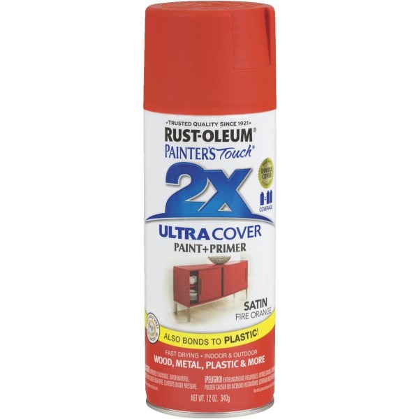 Rust-Oleum Painter’s Touch 2X Ultra Cover 12 Oz. Satin Paint + Primer Spray Paint, Fire Orange - Mc Mu
