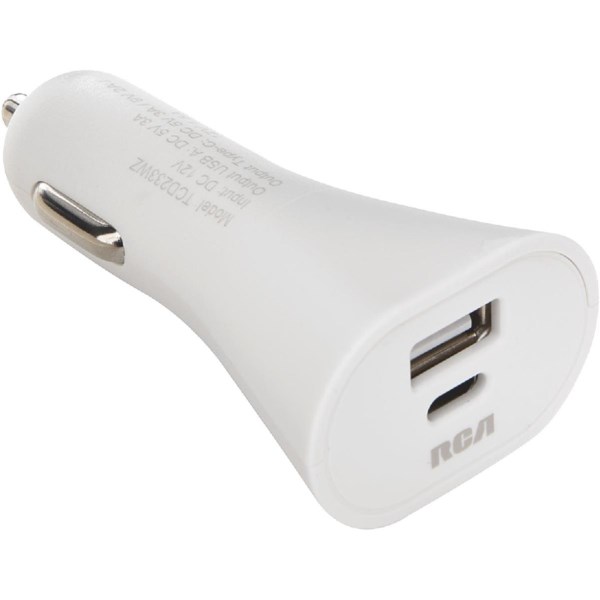 RCA 12V 1 USB-A & 1 USB-C White Car Charger - Mc Mu