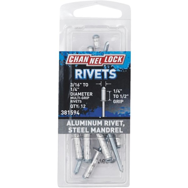Channellock 3/16 In. to 1/4 In. Dia. x 0.251 In. to 0.500 In. Grip Aluminum Multigrip POP Rivet (12-Pack) - Mc Mu