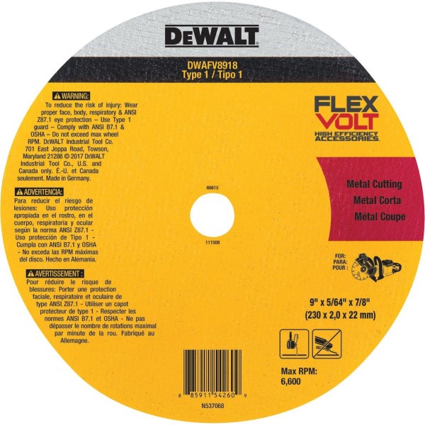 DEWALT FLEXVOLT Type 1 9 In. Ceramic Metal Cut-Off Wheel - Mc Mu