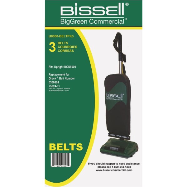 Bissell BigGreen Commercial U8000 Bissell Upright and Oreck Dual Stack Vacuum Cleaner Belt (3-Pack) - Mc Mu