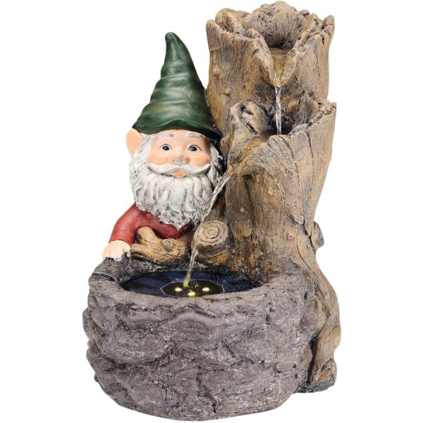 Lumineo 16.9 In. W. x 17.7 In. H. x 12.8 In. L. Glassfiber Reinforced Concrete Log Waterfall Solar Fountain with Gnome - Mc Mu