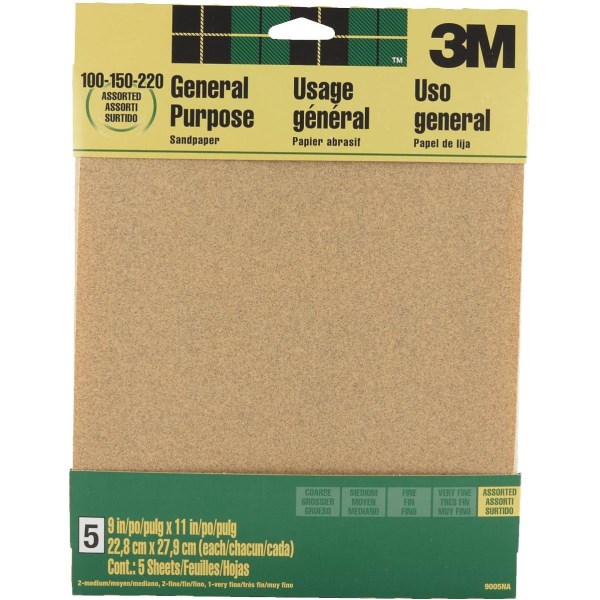 3M General Purpose 9 In. x 11 In. 220/150/100 Grit Assorted Grade Sandpaper (5-Pack) - Mc Mu