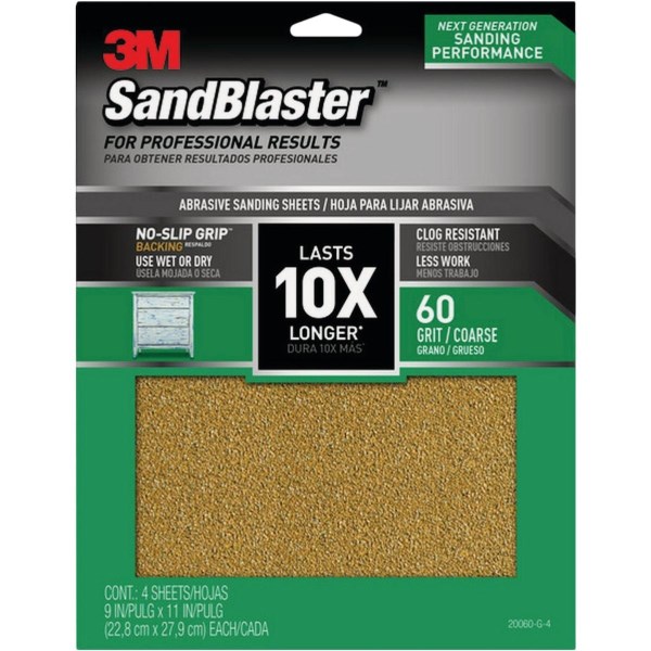 3M SandBlaster No Slip Grip Backing 11 In. x 9 In. 60 Grit Coarse Sandpaper (4-Pack) - Mc Mu