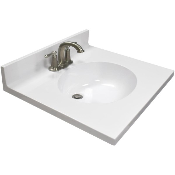 Modular Vanity Tops 25 In. W x 22 In. D Solid White Cultured Marble Flat Edge Vanity Top with Oval Bowl - Mc Mu