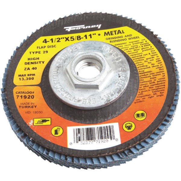 Forney 4-1/2 In. x 5/8 In.-11 40-Grit Type 29 High Density Blue Zirconia Angle Grinder Flap Disc - Mc Mu