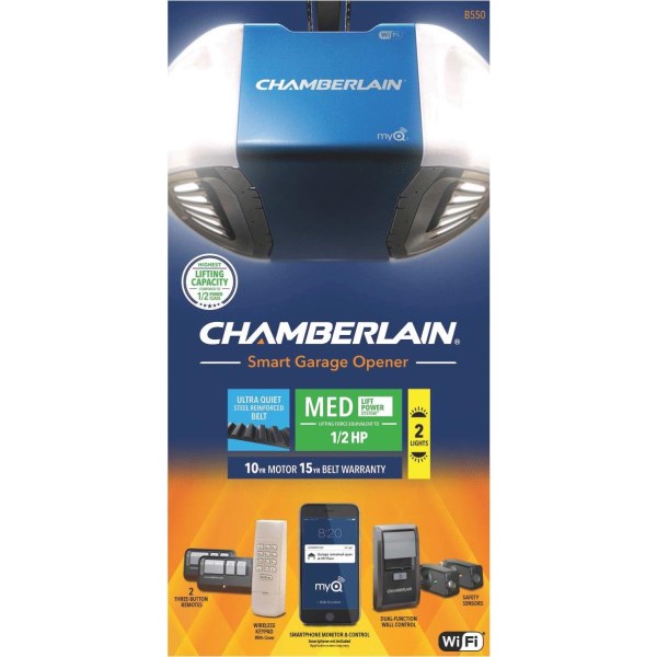 Chamberlain B2405 1/2 HP Smartphone-Controlled Ultra Quiet & Strong Belt Drive Garage Door Opener with MED Lifting Power - Mc Mu