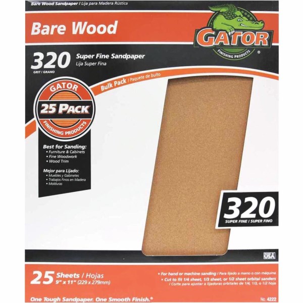Gator Bare Wood 9 In. x 11 In. 320 Grit Extra Fine Sandpaper (25-Pack) - Mc Mu