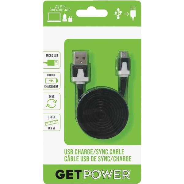 GetPower 3 Ft. Black USB to Micro USB Flat Charge/Sync Cable - Mc Mu