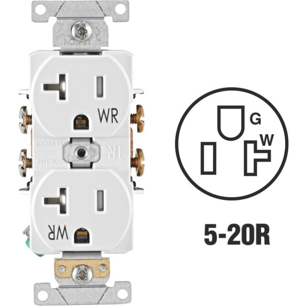 Leviton 20A White Tamper & Weather Resistant Commercial Grade 5-20R Duplex Outlet - Mc Mu